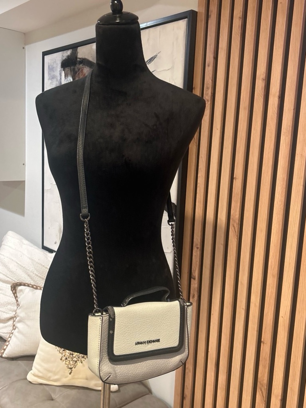 Armani Exchange Cream and Black Pebbled Crossbody Shoulder Bag